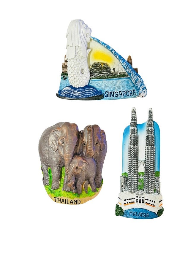 Moira 3D Resin Fridge Magnets Set of 3, Southeast Asia Landmarks, Singapore Merlion, Thailand Elephants, Malaysia Twin Towers, Travel Souvenir Collection - Image 1